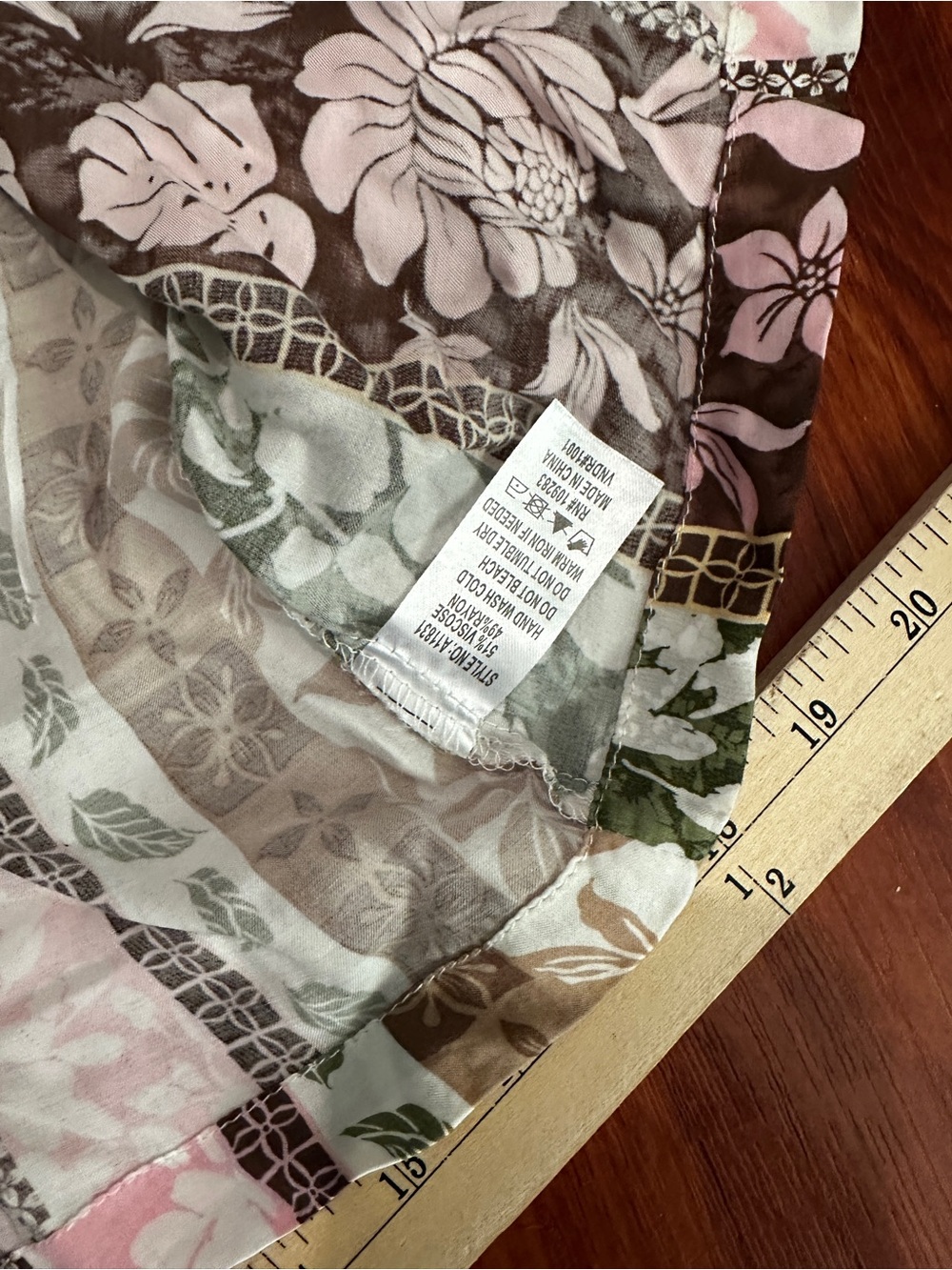 Satin Floral Patchwork Print Button Shirt - Pink, Brown, Green size small - Picture 6 of 10